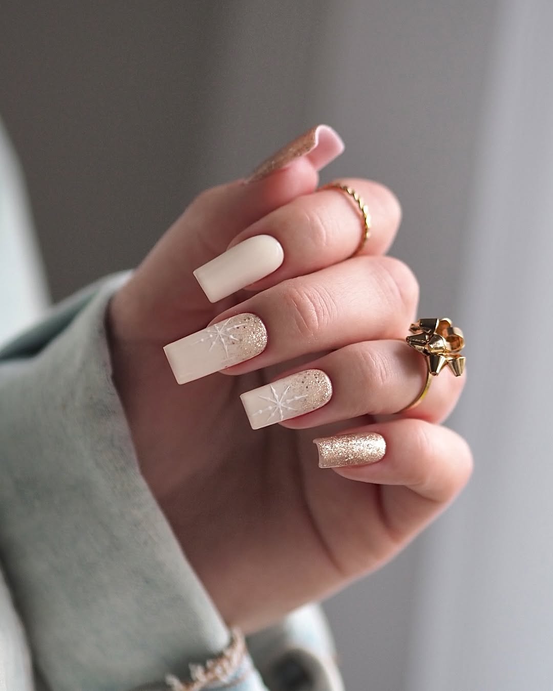 Milky White And Gold Glitter Snowflake Square Nails