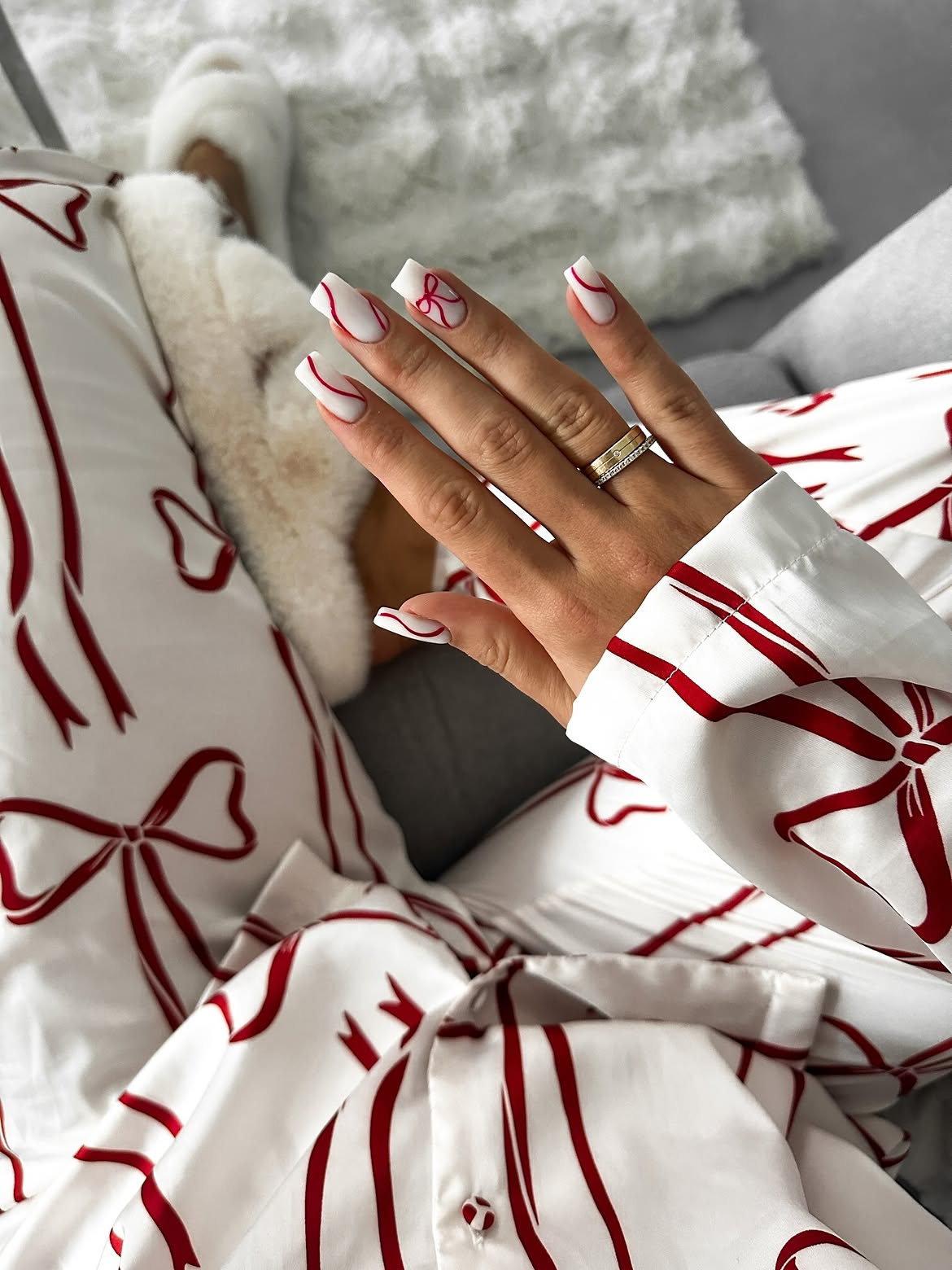 Milky White Coffin Nails With Red Swirls And Bows