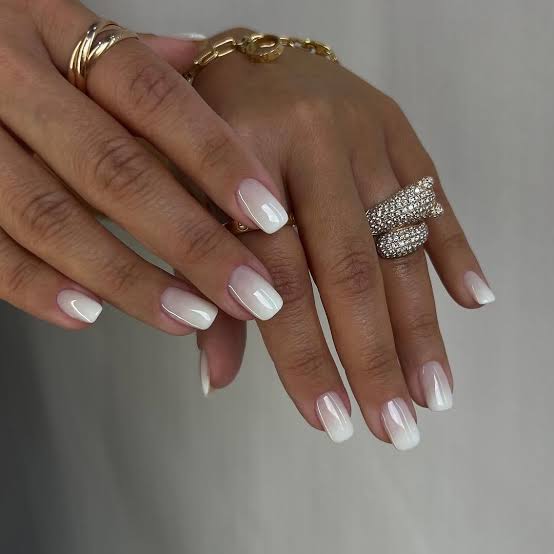 Short Square Milky White to Sheer White Ombre Nails, Close-Up Take Short Square Milky White to Sheer White Ombre Nails, Close-Up Take — Milky White Nails
