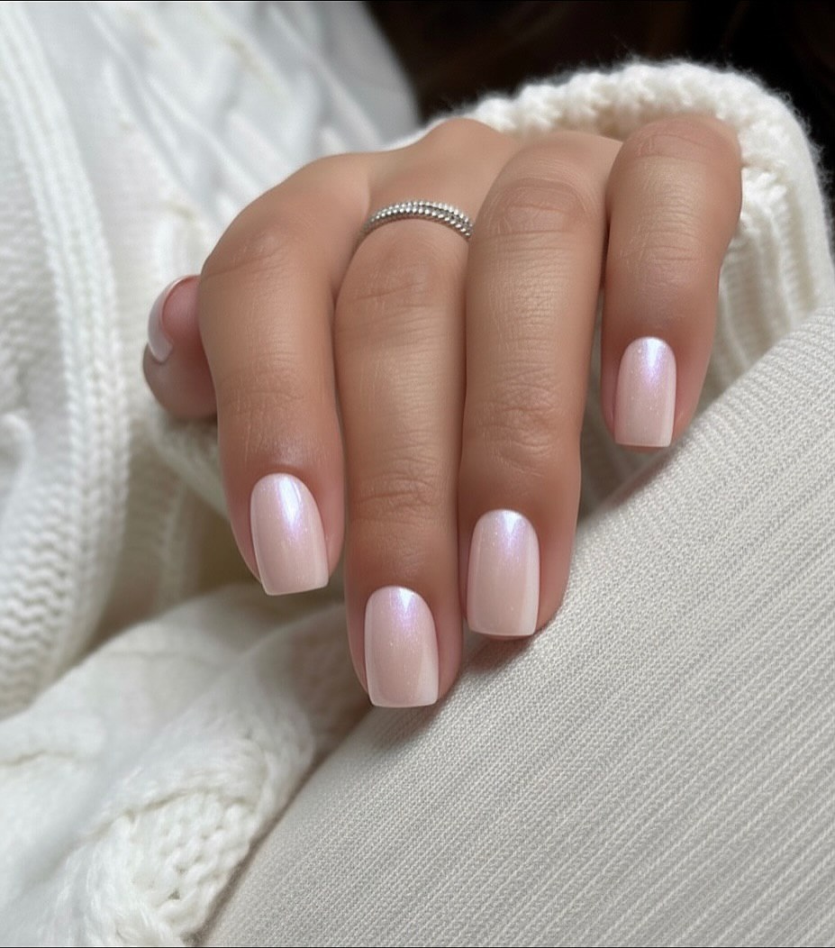 Milky White Pearl Chrome Short Squoval Nails