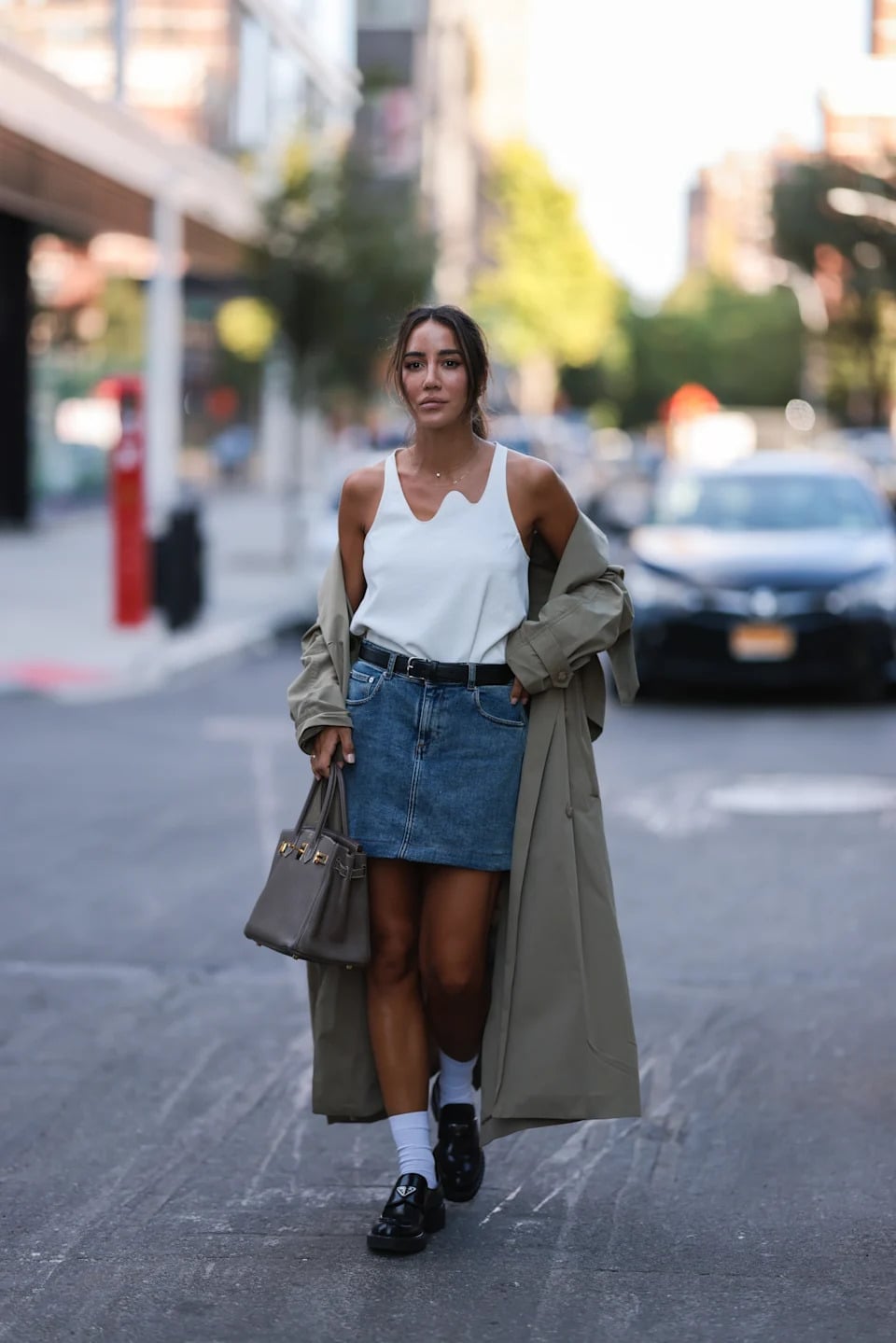 Blue Denim Mini Skirt with Khaki Trench Coat — Mini Skirt Outfits