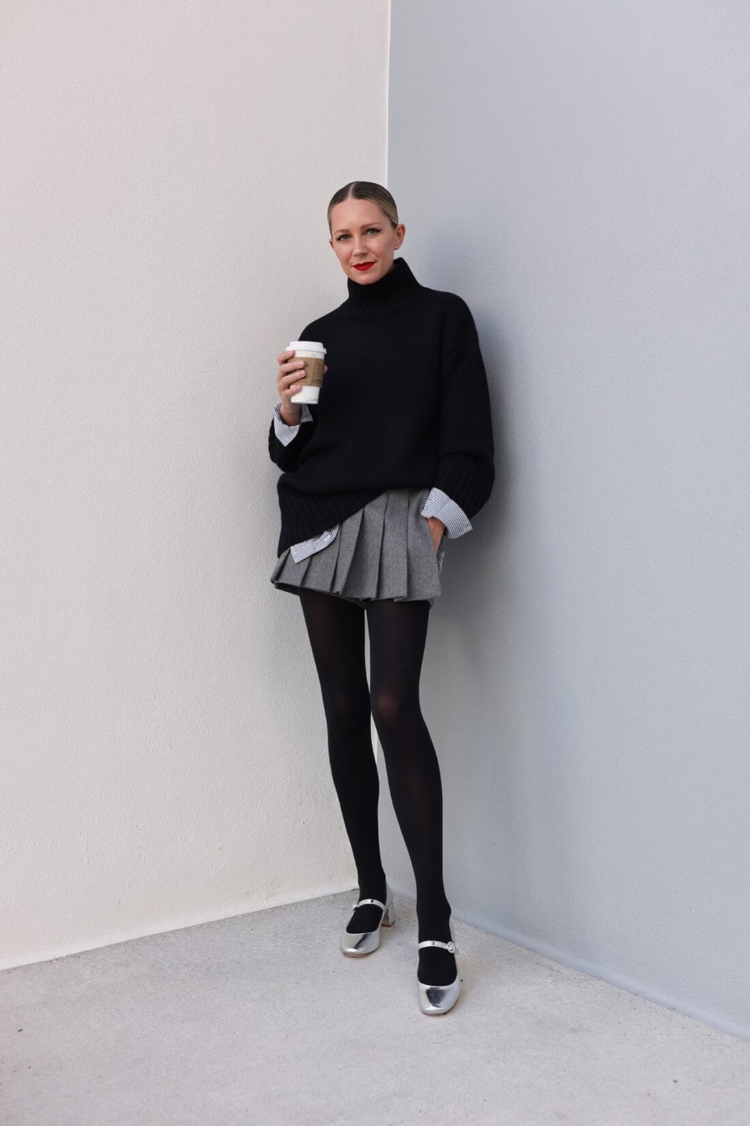 Gray Pleated Mini Skirt with Oversized Turtleneck — Mini Skirt Outfits