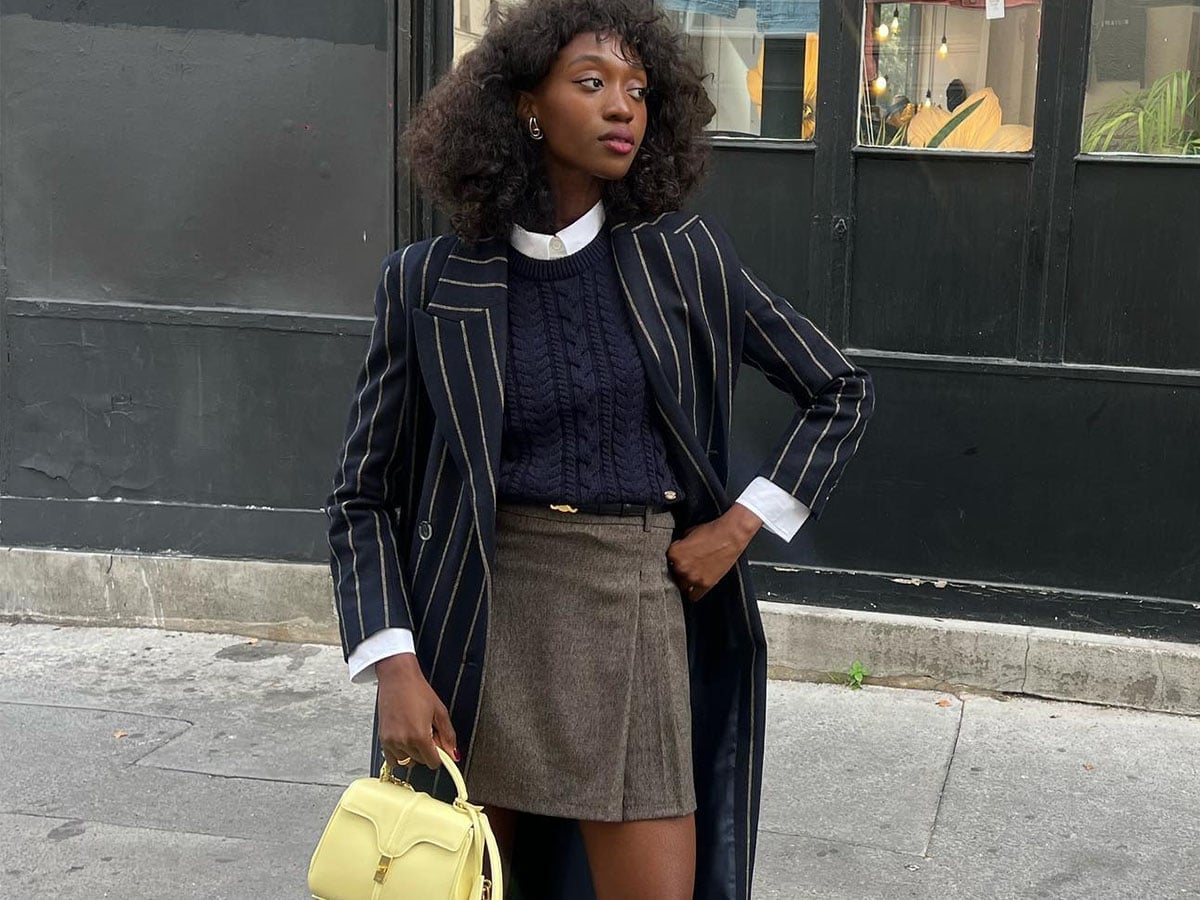 Brown Wool Mini Skirt with Pinstripe Coat — Mini Skirt Outfits