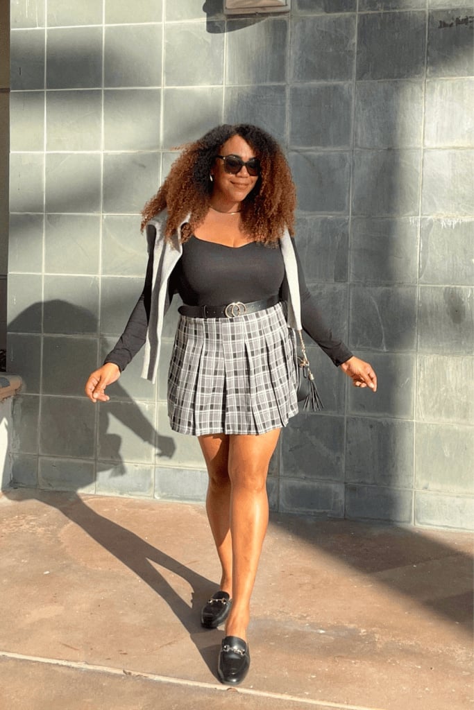 Gray and Black Plaid Pleated Mini Skirt with Cardigan — Mini Skirt Outfits