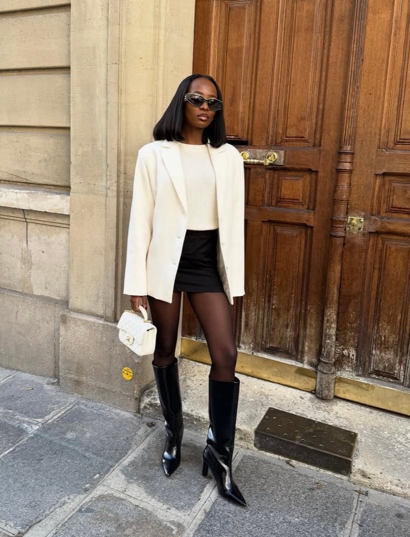 Black Mini Skirt with Oversized Cream Blazer — Mini Skirt Outfits
