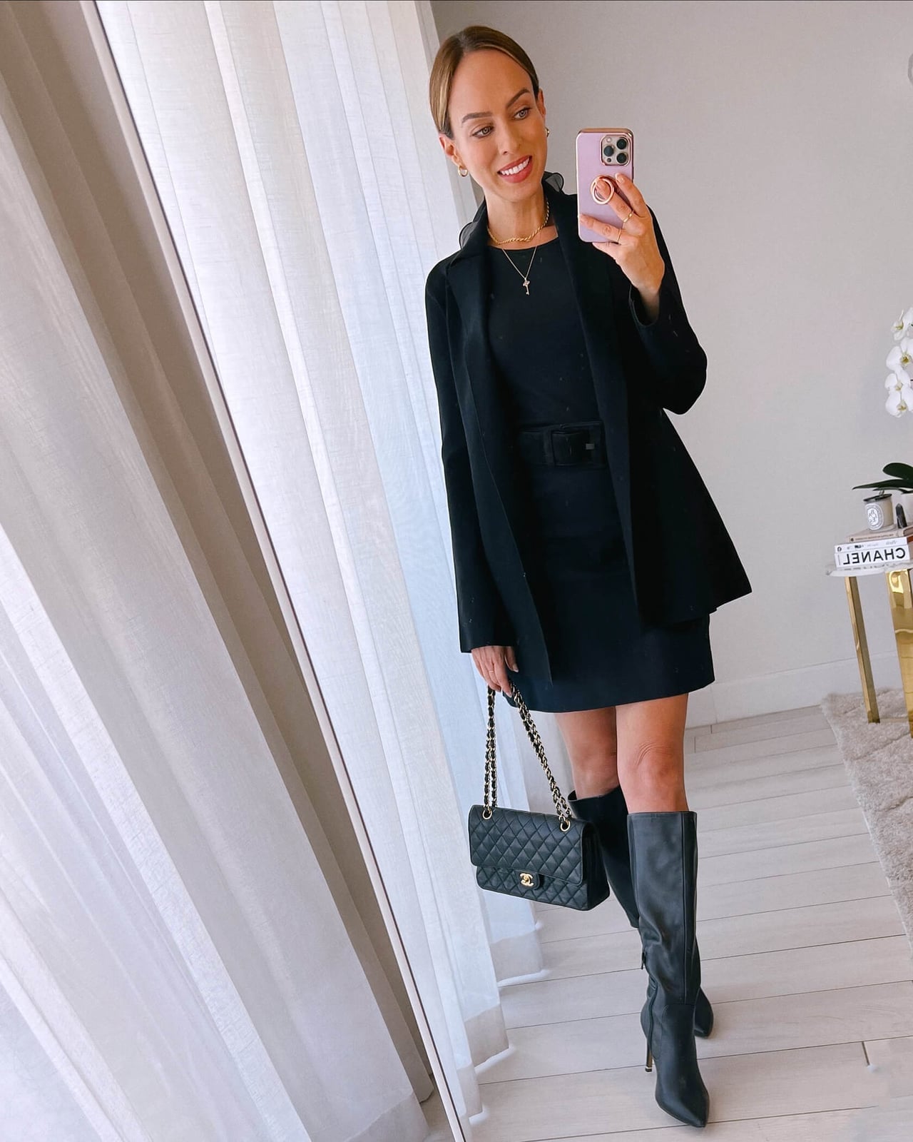 Black Mini Skirt with Matching Blazer and Knee-High Boots — Mini Skirt Outfits