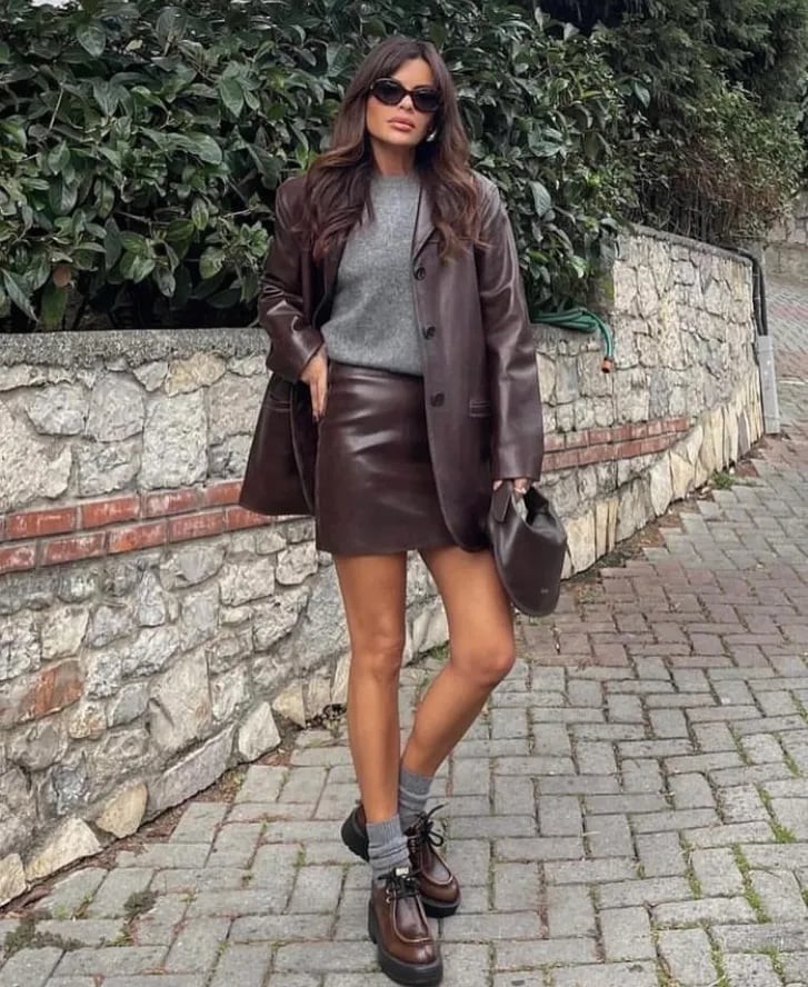 Brown Leather Mini Skirt with Oversized Leather Blazer, Close-Up Take — Mini Skirt Outfits