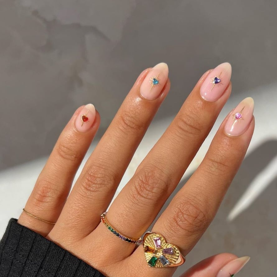 Sheer Nude Medium Almond With Heart Gems — Minimalist Nails