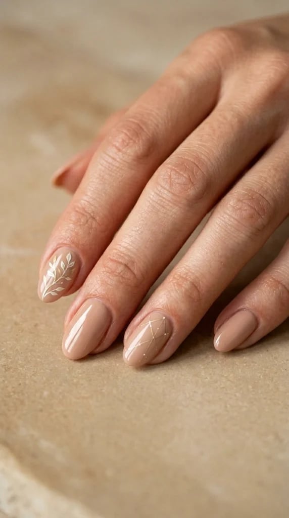 Short Oval Beige Nails With White Leaf Art — Minimalist Nails