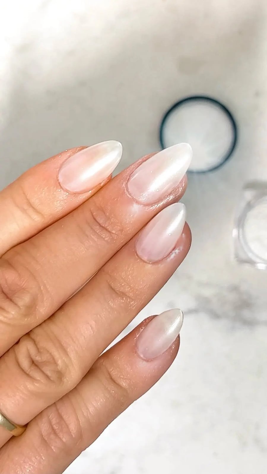 Short Almond Milky Pearlescent Shimmer Nails — Minimalist Nails