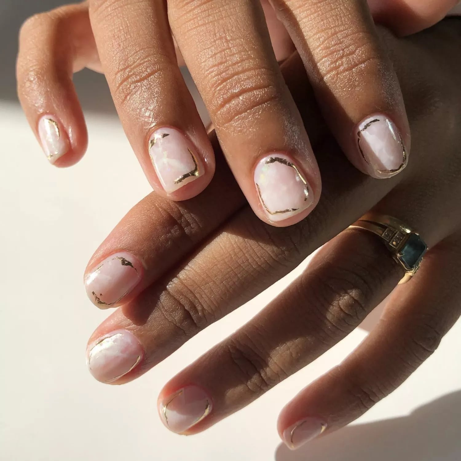 Short Square Milky Pink With Gold Foil Accents — Minimalist Nails