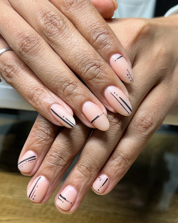 Medium Almond Nude With Abstract Lines And Dots — Minimalist Nails