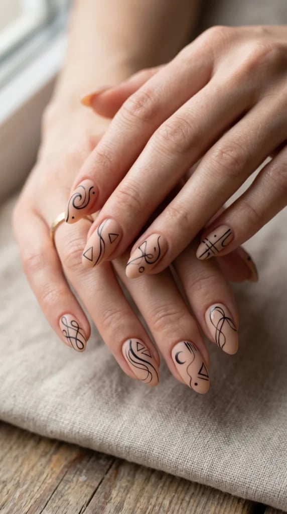 Nude Almond Nails With Abstract Black Line Art — Minimalist Nails
