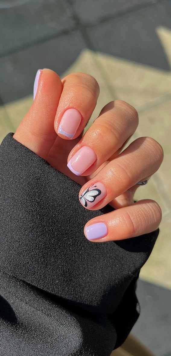 Short Square Nude With Butterfly And Lilac Tip — Minimalist Nails