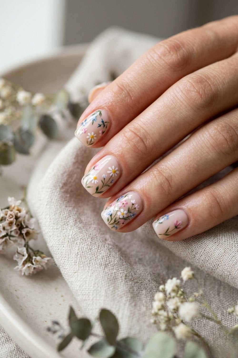 Short Square Nude Nails With Delicate Floral Art — Minimalist Nails