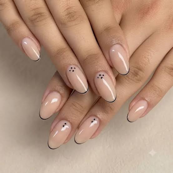 Sheer Nude Oval Nails With Black Outline — Minimalist Nails