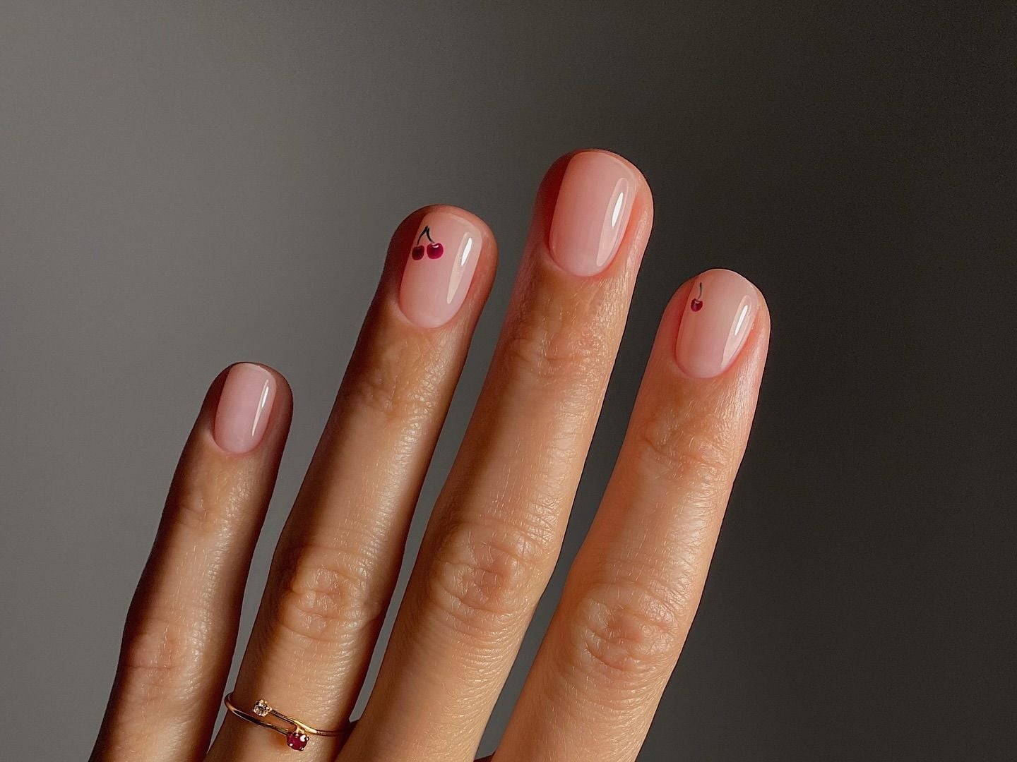 Short Square Pink Nails With Tiny Cherry Art — Minimalist Nails