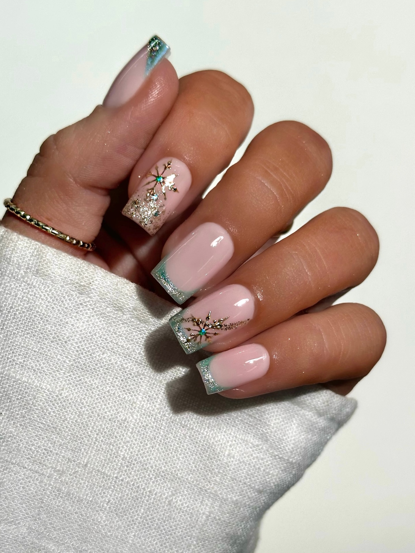 Mint French Tip Snowflake Square Nails