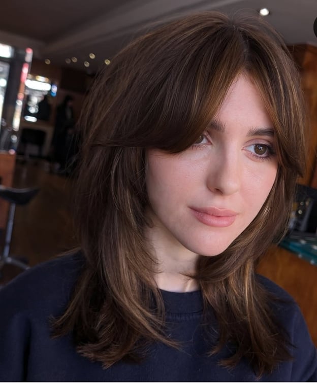 Shoulder Length Shag With Curtain Bangs, Wavy — Mocha Hair
