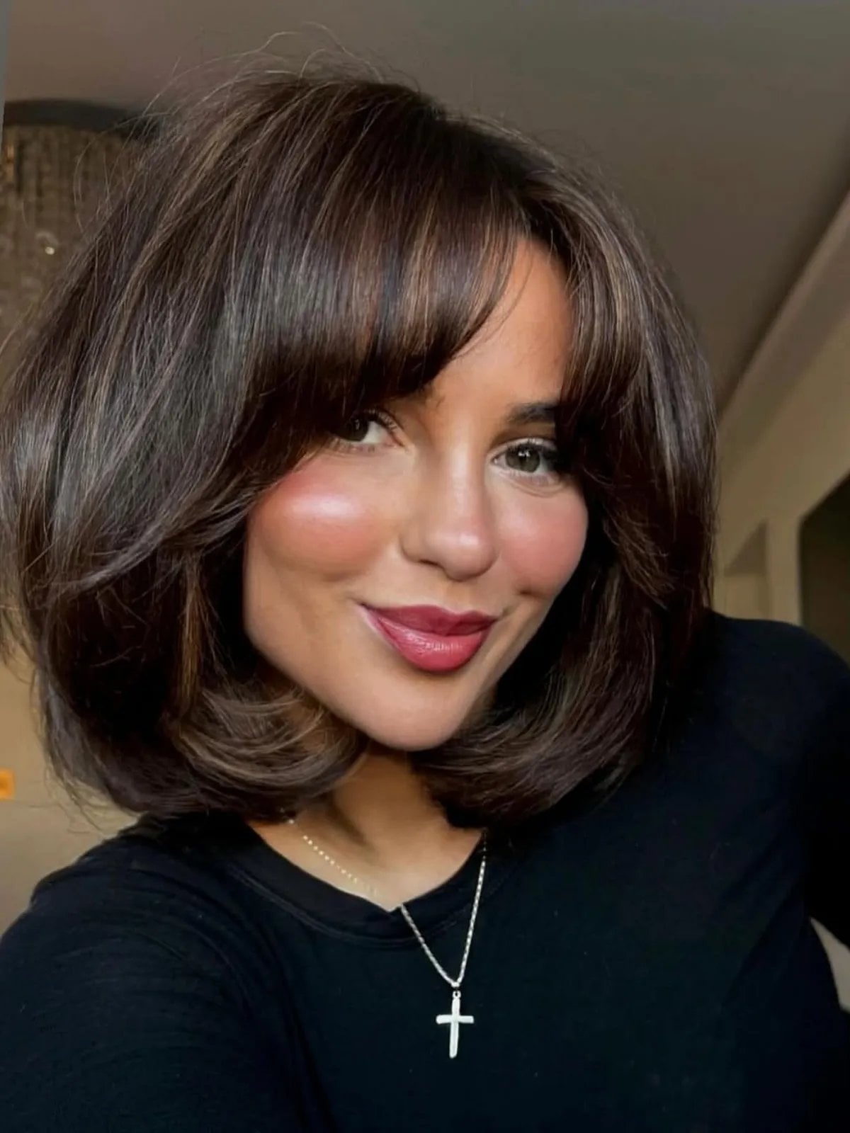 Chin Length Bob With Blunt Bangs — Mocha Hair