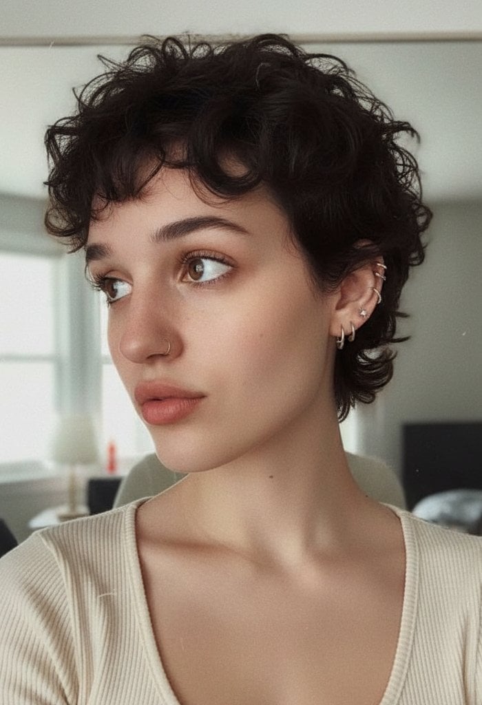 Short Pixie Cut With Curly Bangs — Mocha Hair