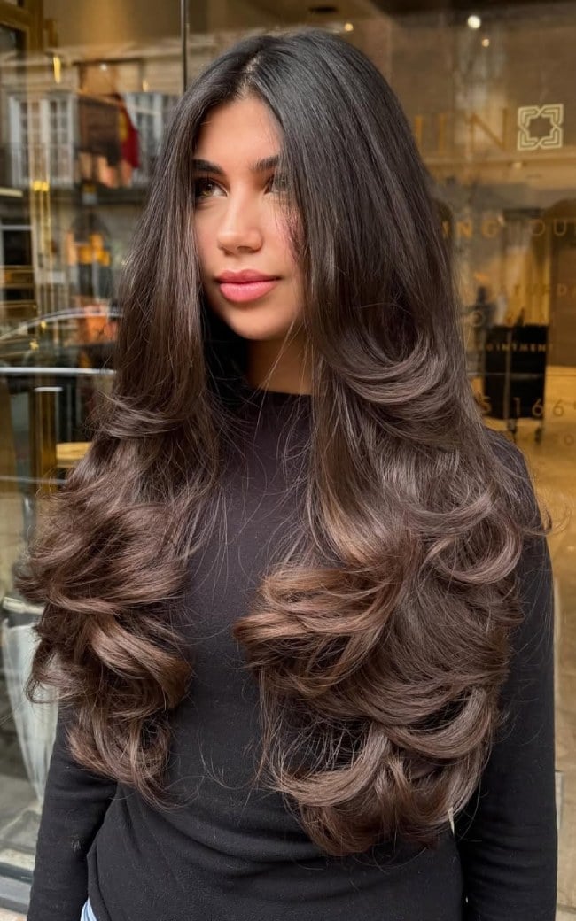 Mid-Back Length Voluminous Curls — Mocha Hair