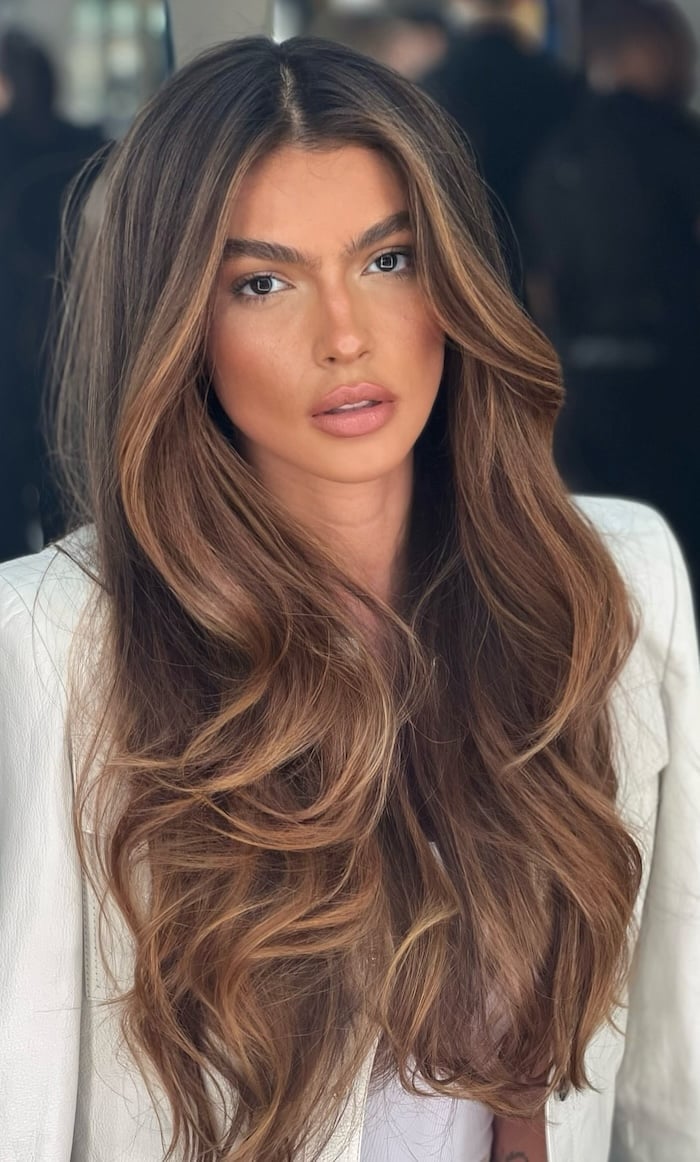 Mid-Back Length With Curtain Bangs — Mocha Hair