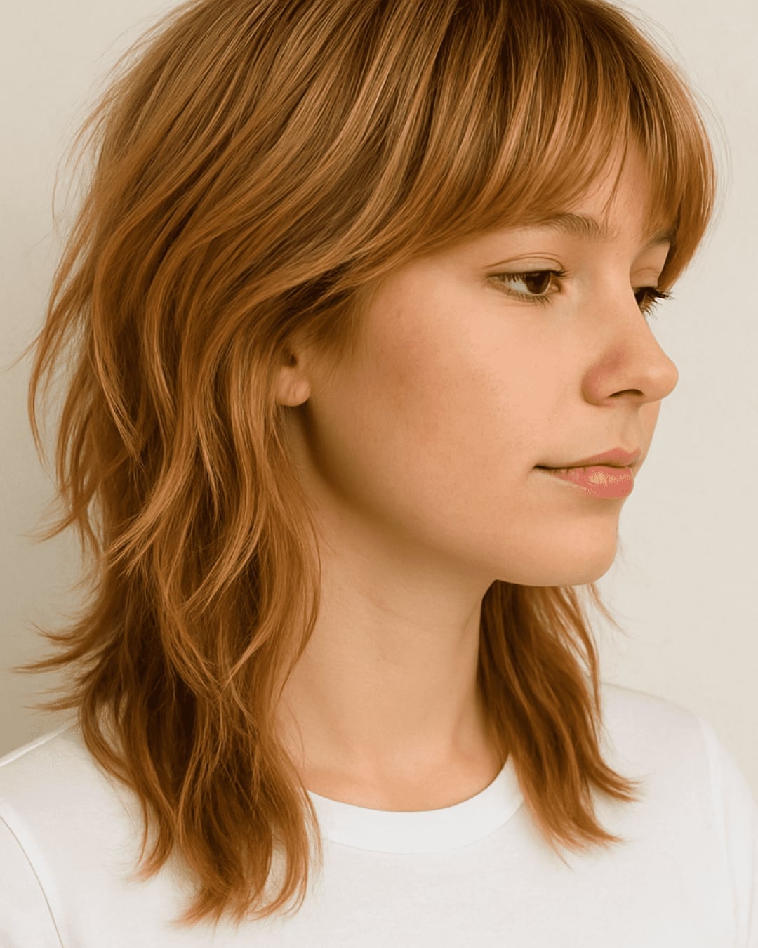 Solid Copper Shag With Short Bangs Solid Copper Shag With Short Bangs — Modern Shag