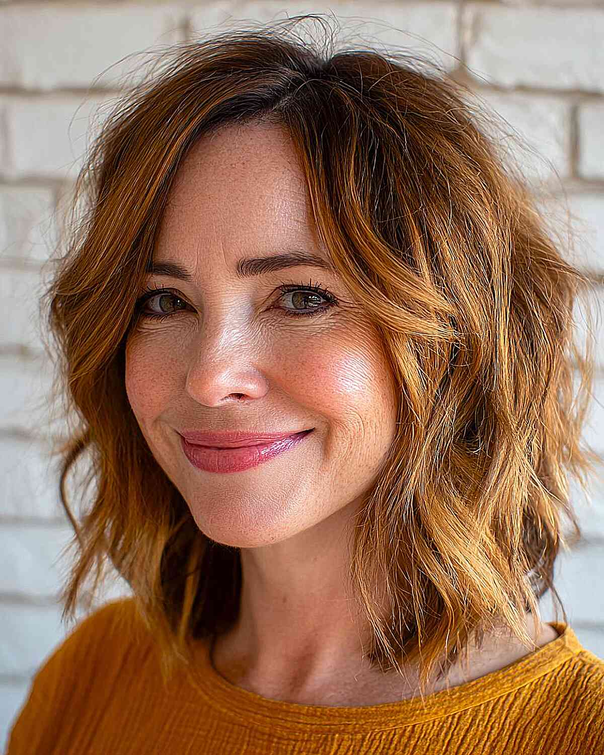 Medium Auburn Shag With Side-Swept Bangs Medium Auburn Shag With Side-Swept Bangs — Modern Shag