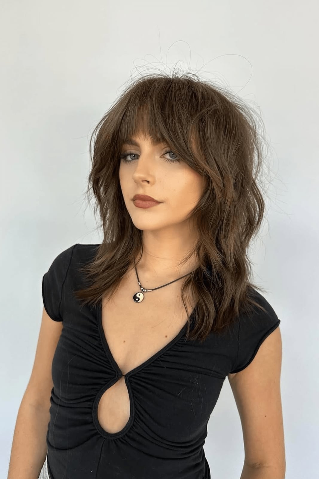 Dark Brown Shag With Blunt Bangs Dark Brown Shag With Blunt Bangs — Modern Shag
