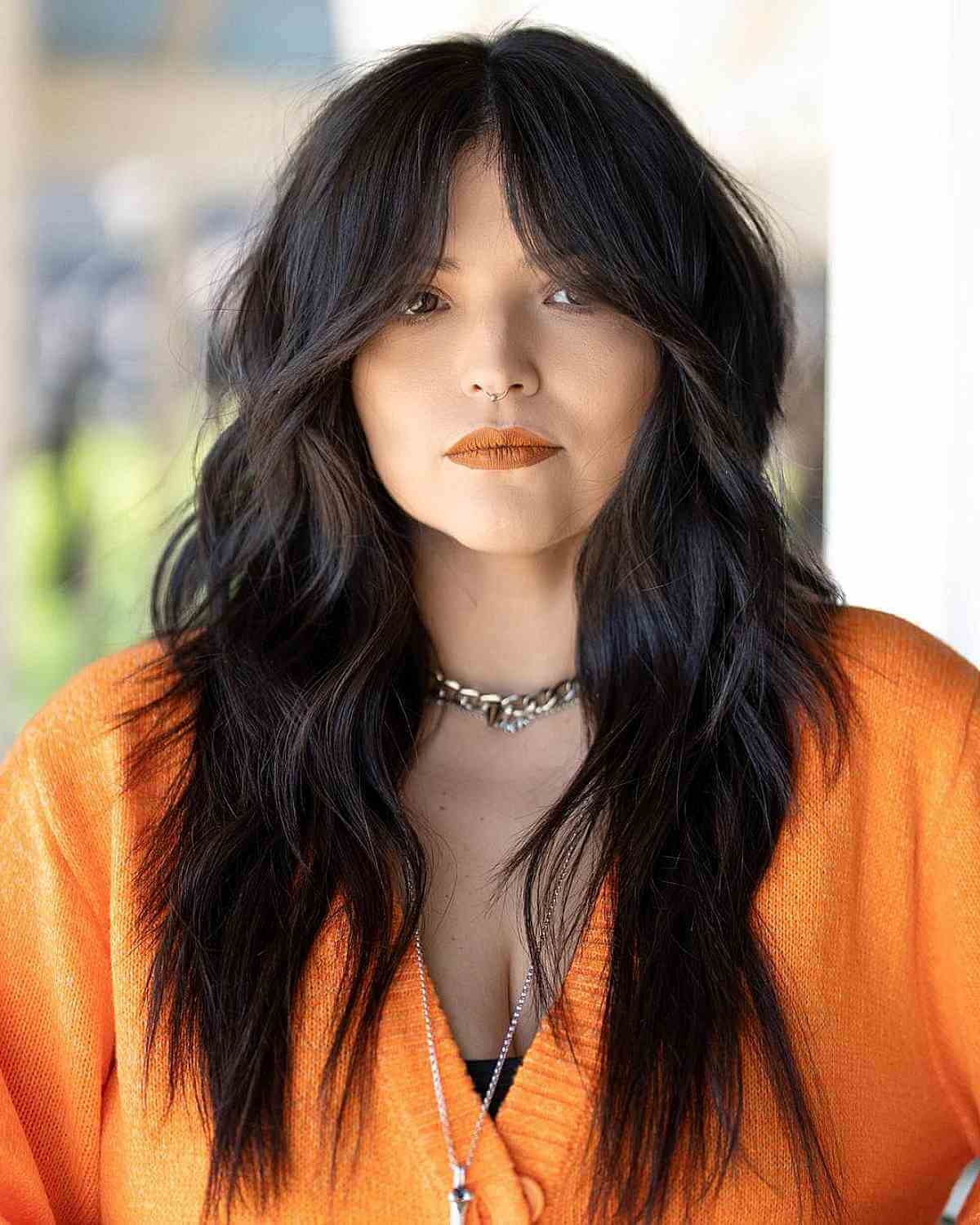 Long Dark Brown Shag With Curtain Bangs Long Dark Brown Shag With Curtain Bangs — Modern Shag