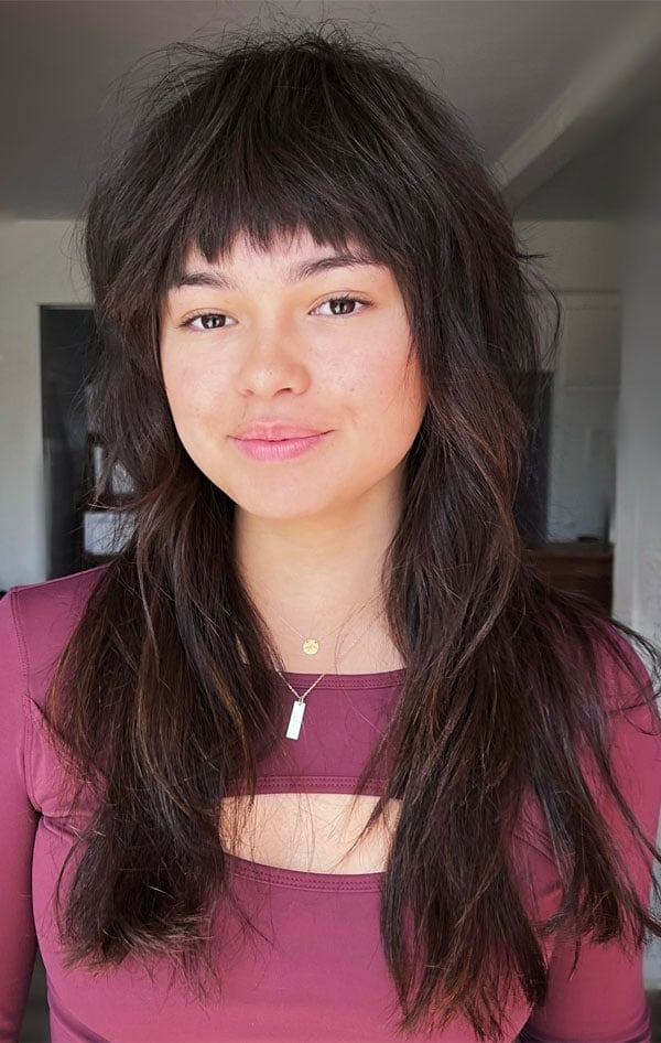 Dark Brown Shag With Choppy Bangs, Mid-Back Dark Brown Shag With Choppy Bangs, Mid-Back — Modern Shag