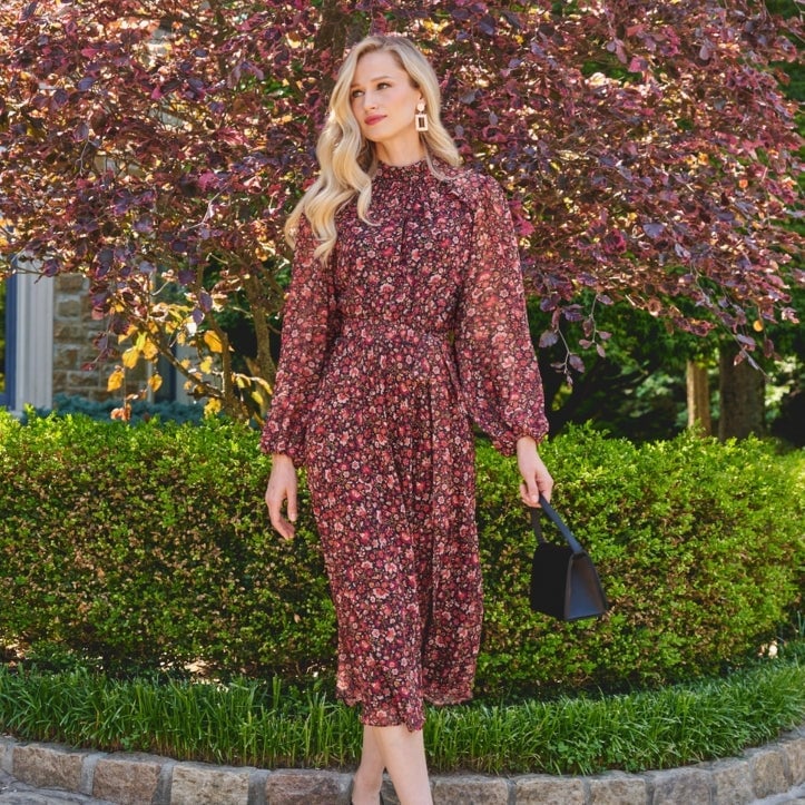 Dark Floral Print High Neck Dress — Modest Outfits