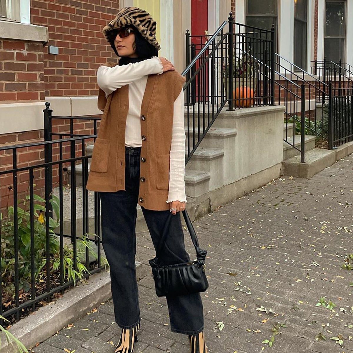 Knit Vest and Animal Print Hat With Black And White Striped Heels — Modest Outfits