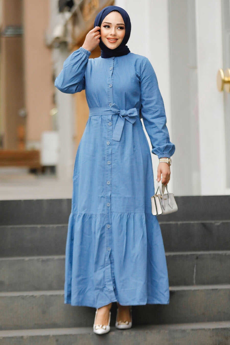 Denim Tiered Dress with Hijab and White Pointed-Toe Heels — Modest Outfits