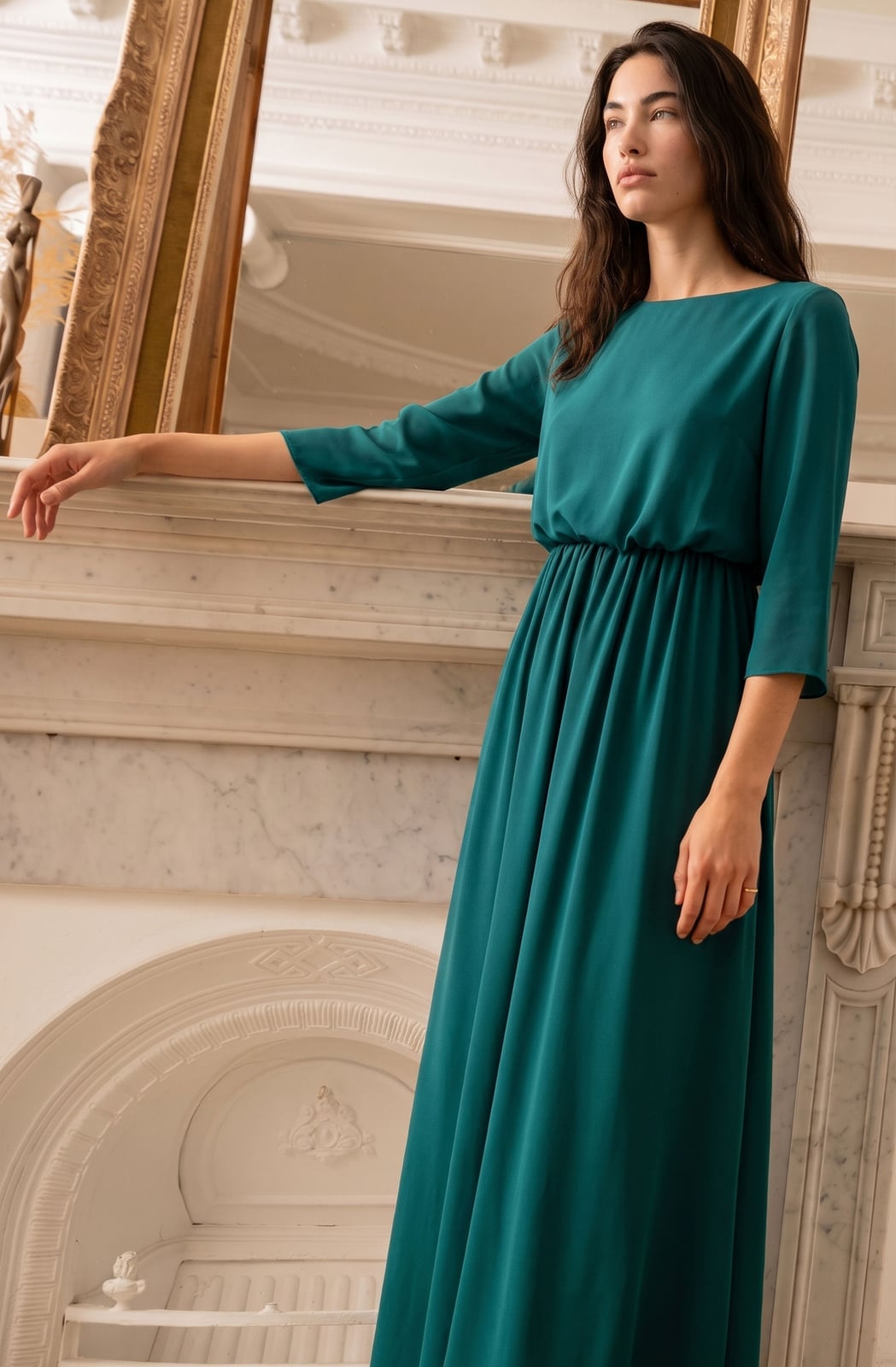 Teal Crepe A-line Dress, Close-Up Take — Modest Outfits