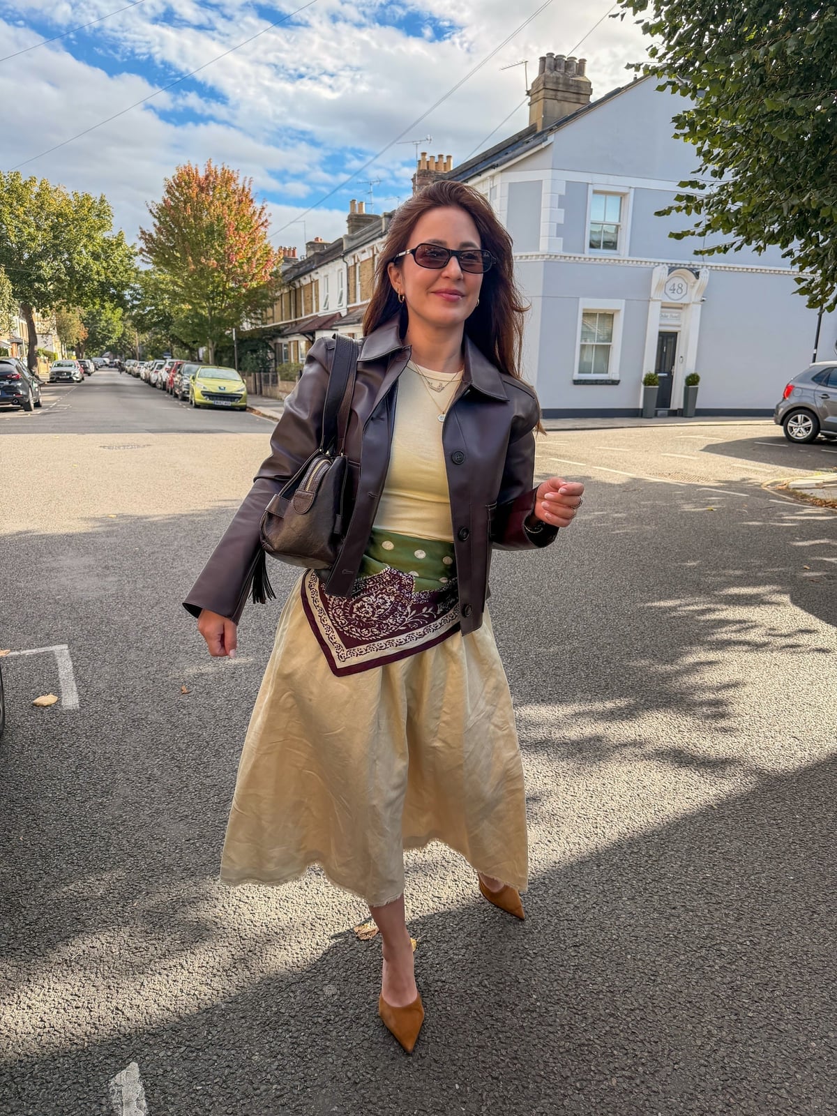 Leather Jacket and Beige Midi Skirt — Modest Outfits