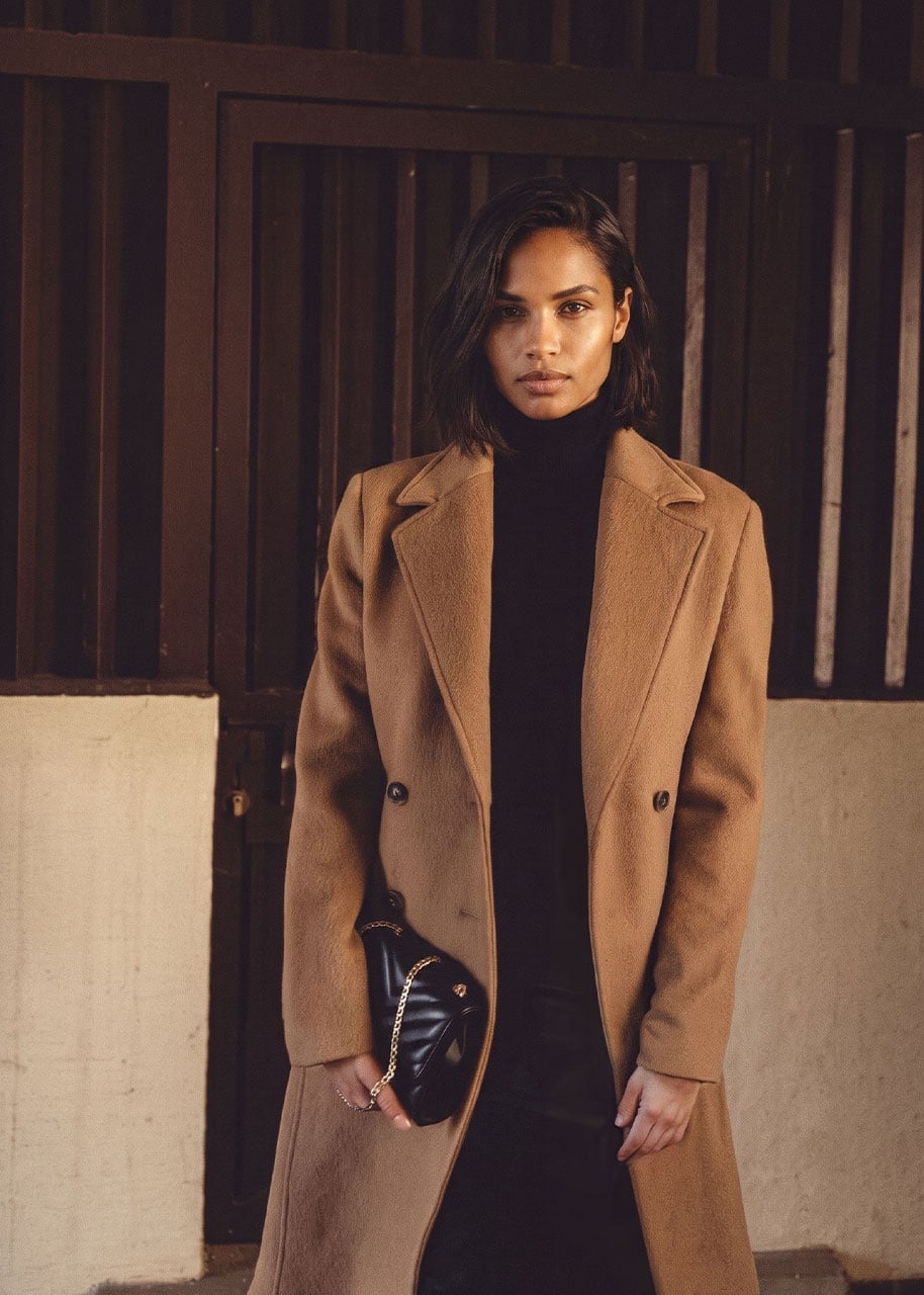 Camel Double-Breasted Coat — Modest Outfits
