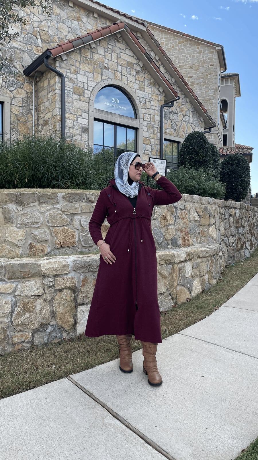 Maroon Hooded Maxi Coat — Modest Outfits