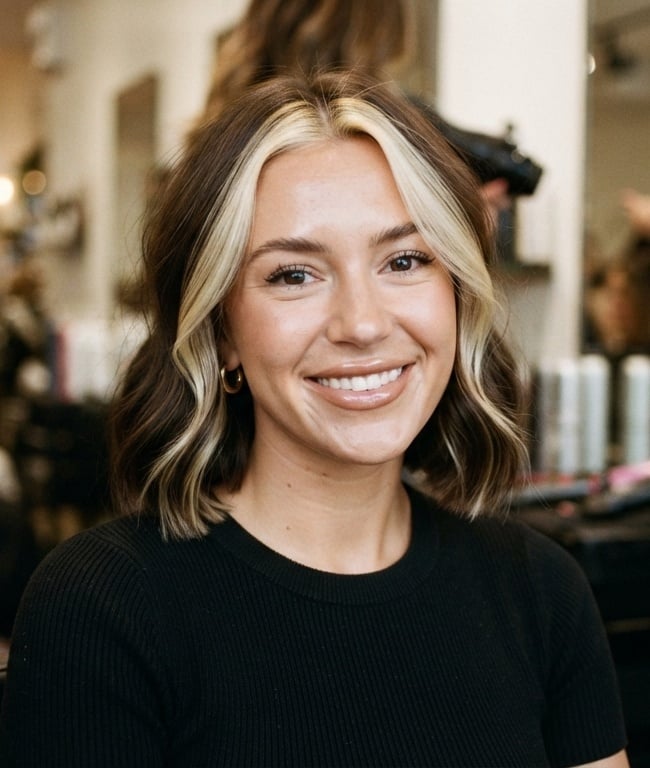 Chin Length Bob With Vanilla Blonde Money Piece, Middle