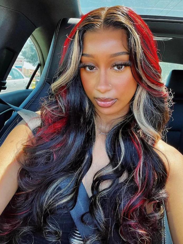 Mid-Back Black With Red and Blonde Streaks — Money Piece