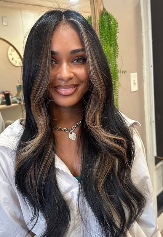 Mid-Back Layers With Caramel Blonde Money Piece, A Woman With Long