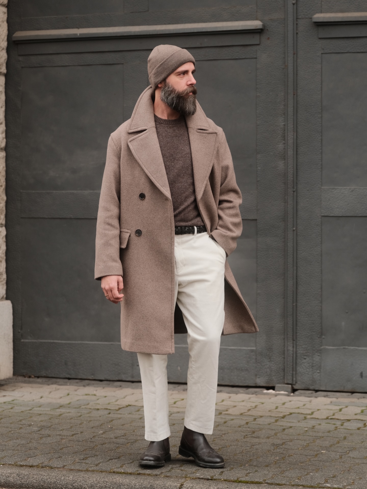 Monochrome Knit With Beige Peacoat and Cream Trousers