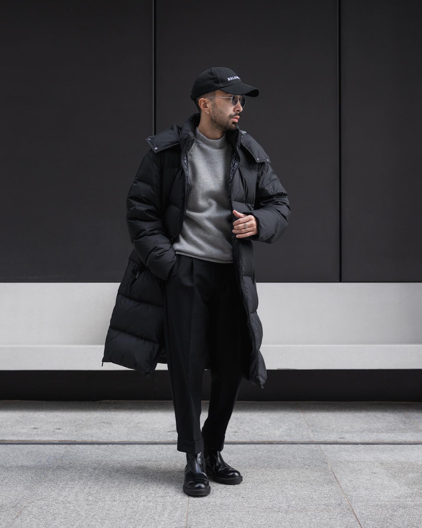 Monochrome Puffer Coat And Tailored Trouser Combo