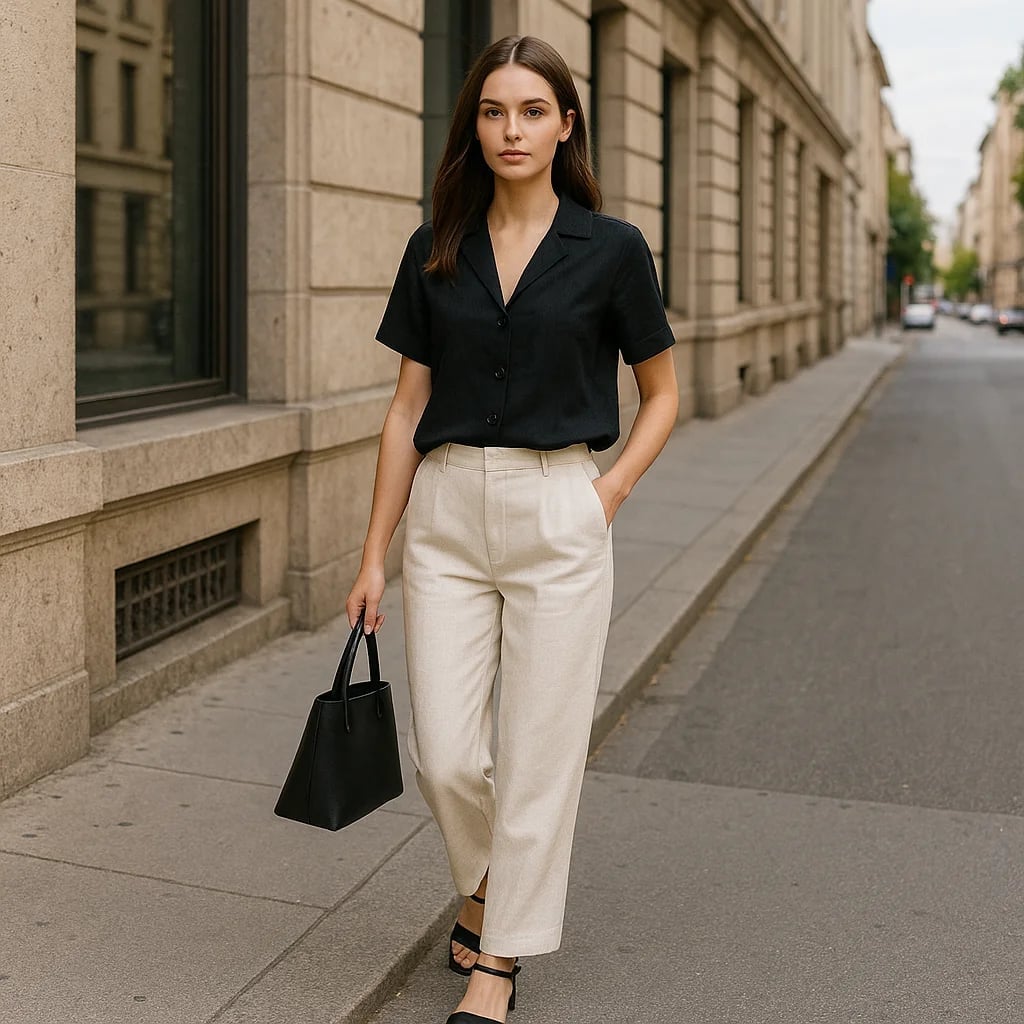 Black Collared Shirt Tucked into Beige Wide-Leg Trousers — Mujer Outfits