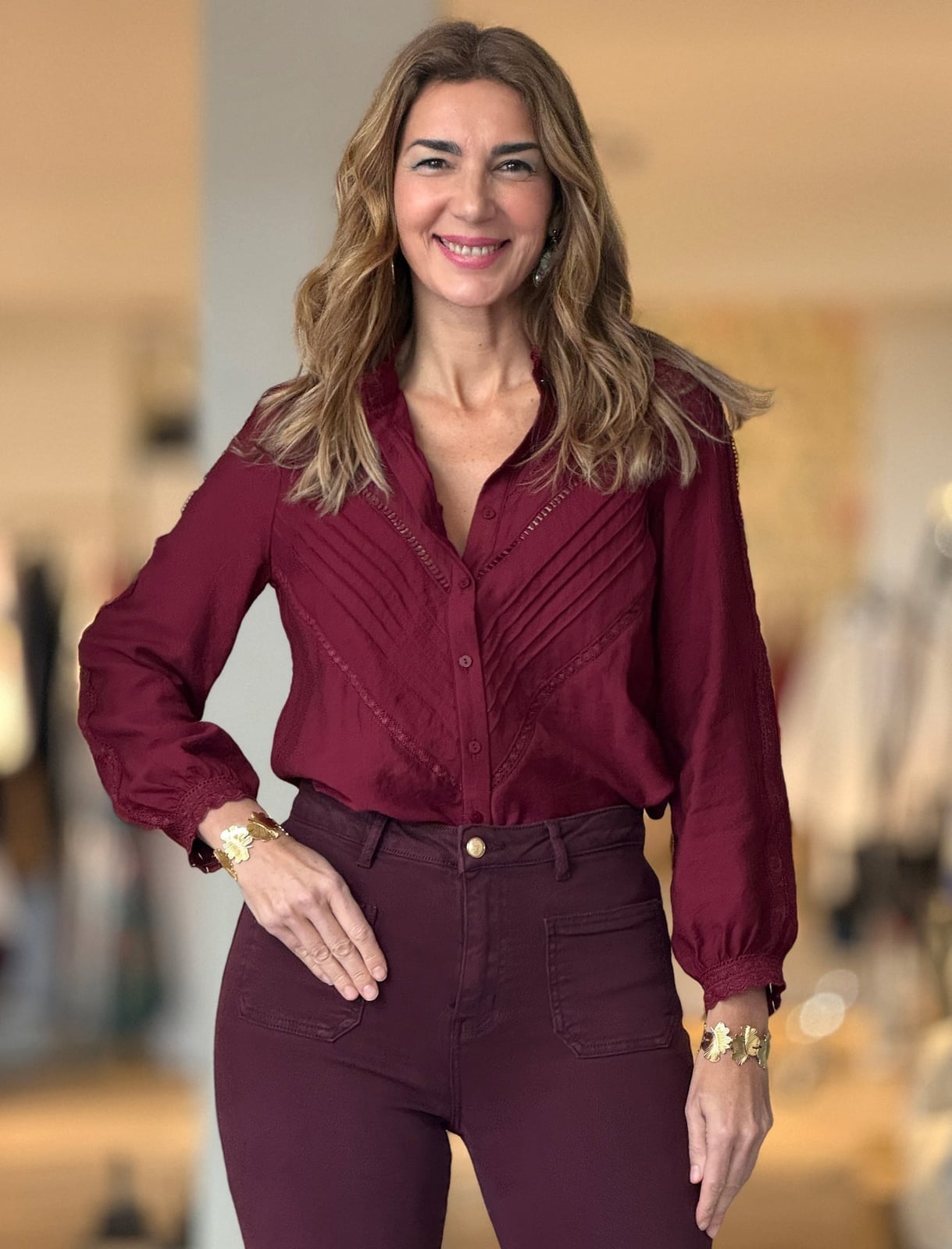 Burgundy Pleated Blouse with Matching Burgundy Trousers — Mujer Outfits