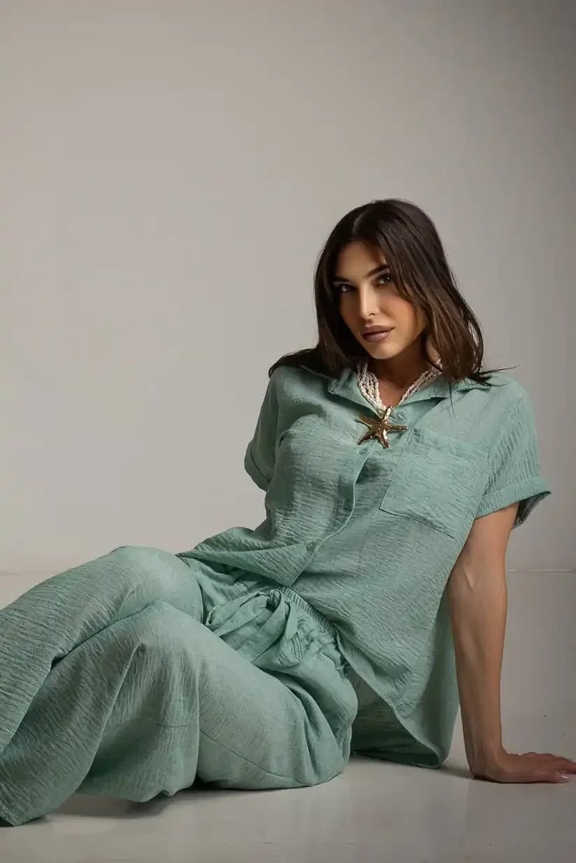 Mint Green Crinkled Fabric Shirt and Drawstring Pants Set — Mujer Outfits