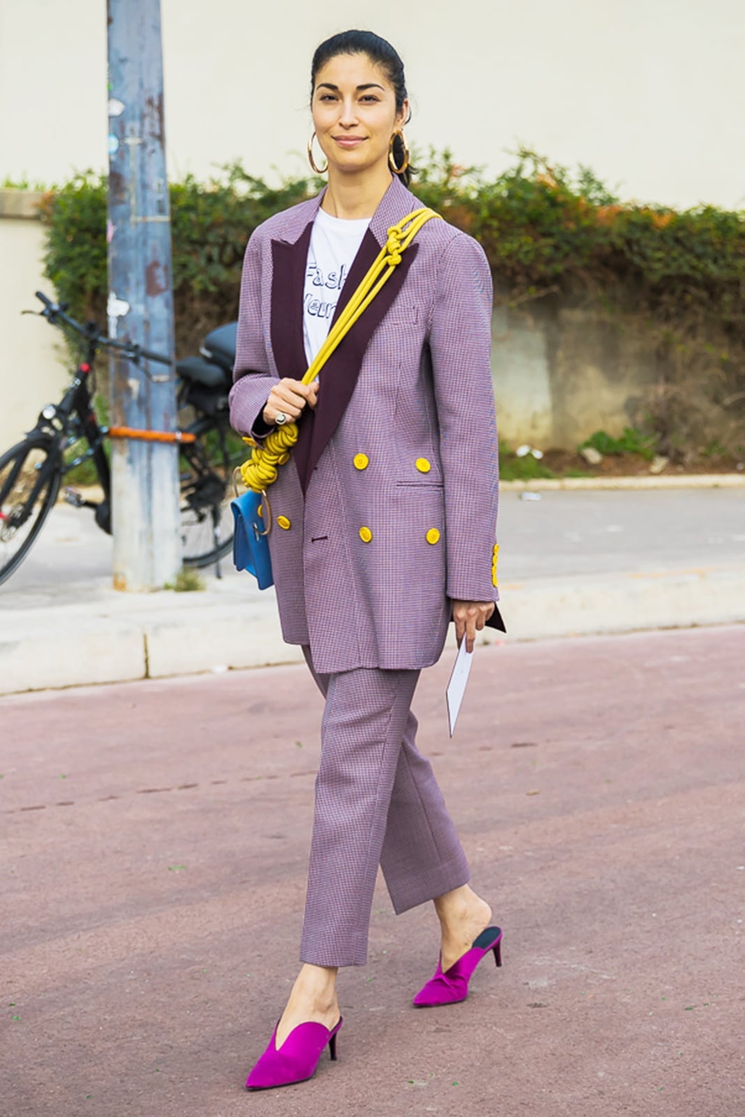 Pink Mules With Patterned Suit And White Tee Pink Mules With Patterned Suit And White Tee — Mules Outfits