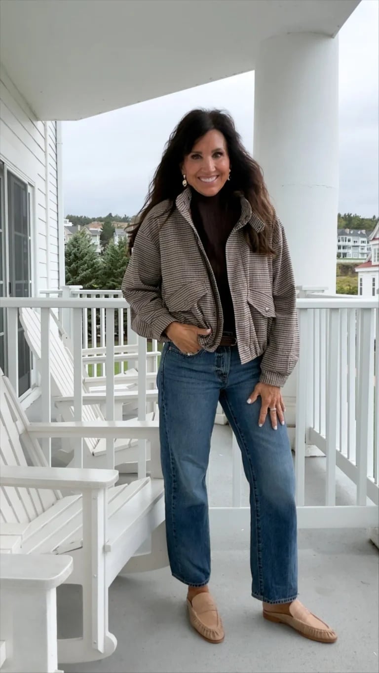 Tan Loafers With Plaid Bomber Jacket And Jeans Tan Loafers With Plaid Bomber Jacket And Jeans — Mules Outfits