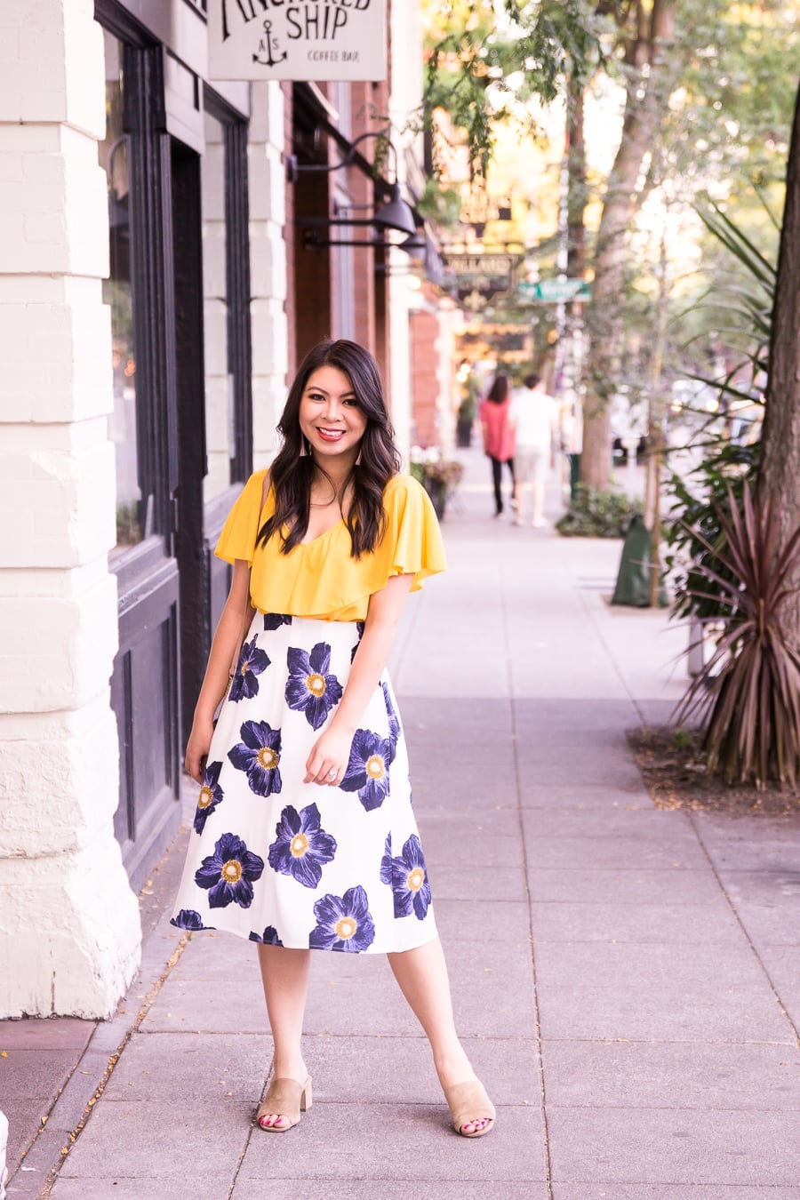 Nude Mules With Floral Skirt And Ruffle Top Nude Mules With Floral Skirt And Ruffle Top — Mules Outfits